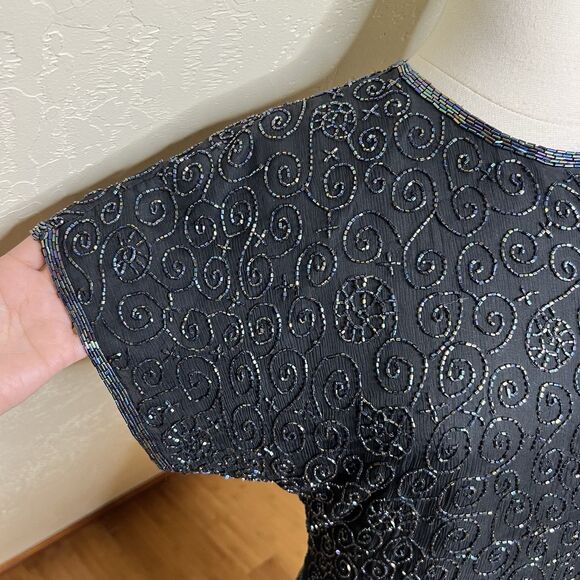 Laurence Kazar Dress Medium Petite Black Silk Rainbow Beaded Short Dolman Sleeve - Picture 4 of 11